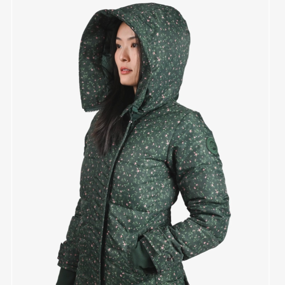 SOLD - new Canada Goose x Reformation green floral coat size M shelburne green